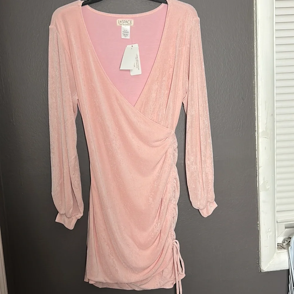 L*SPACE NWT LIGHT PINK LONG SLEEVES MINI DRESS SIDE RUCHING, STRETCH SZ: SMALL - Picture 9 of 9